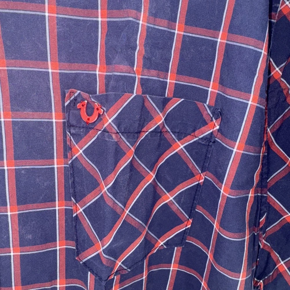 True Religion Men Button Up Shirt 3XL Blue Check Slim Fit Pocket Short Sleeve‎